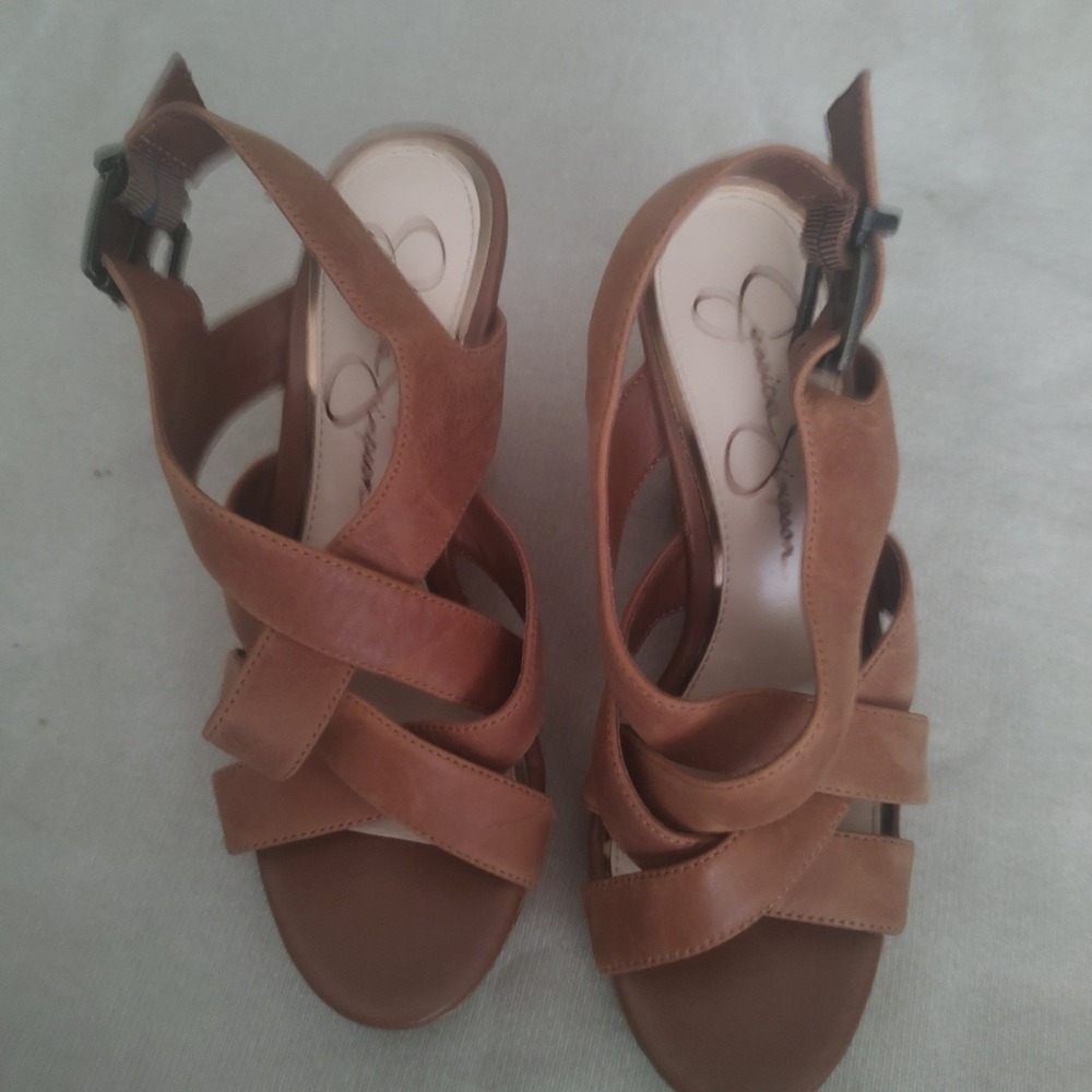 Jessica Simpson Platform Sandal Women's Tan Strappy Leather Buckle Heel